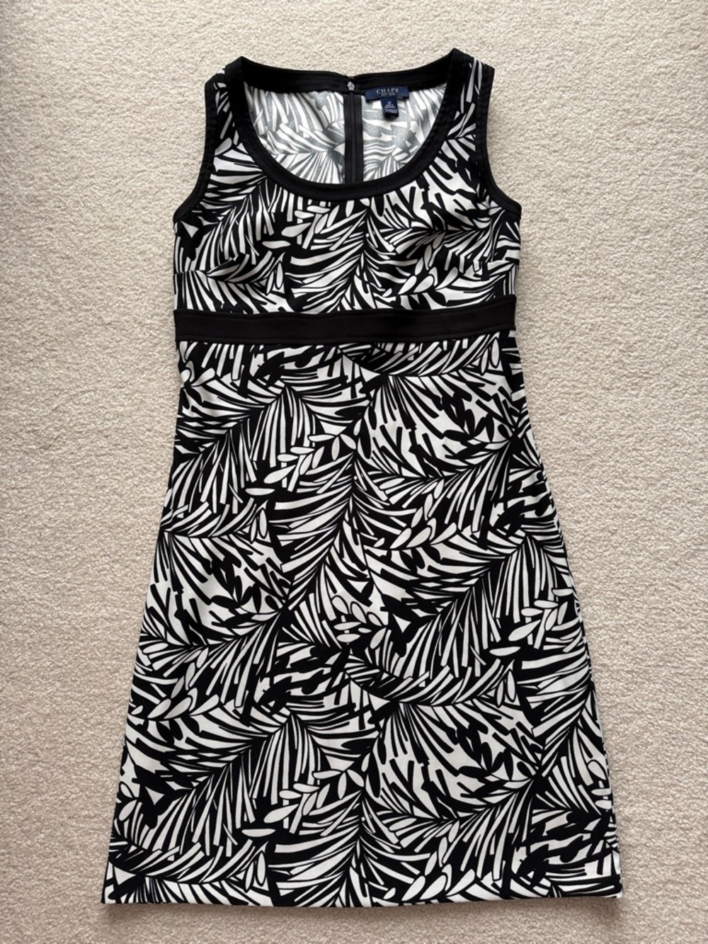 Chaps Black & Cream Palm Leaf Print Empire Waist Dress Size 10
